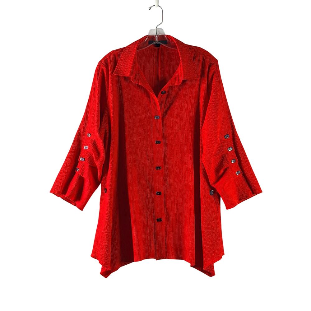 Calessa 3/4 Sleeve Textured Crinkle Button Up Tunic Top Red Womens Large Artsy